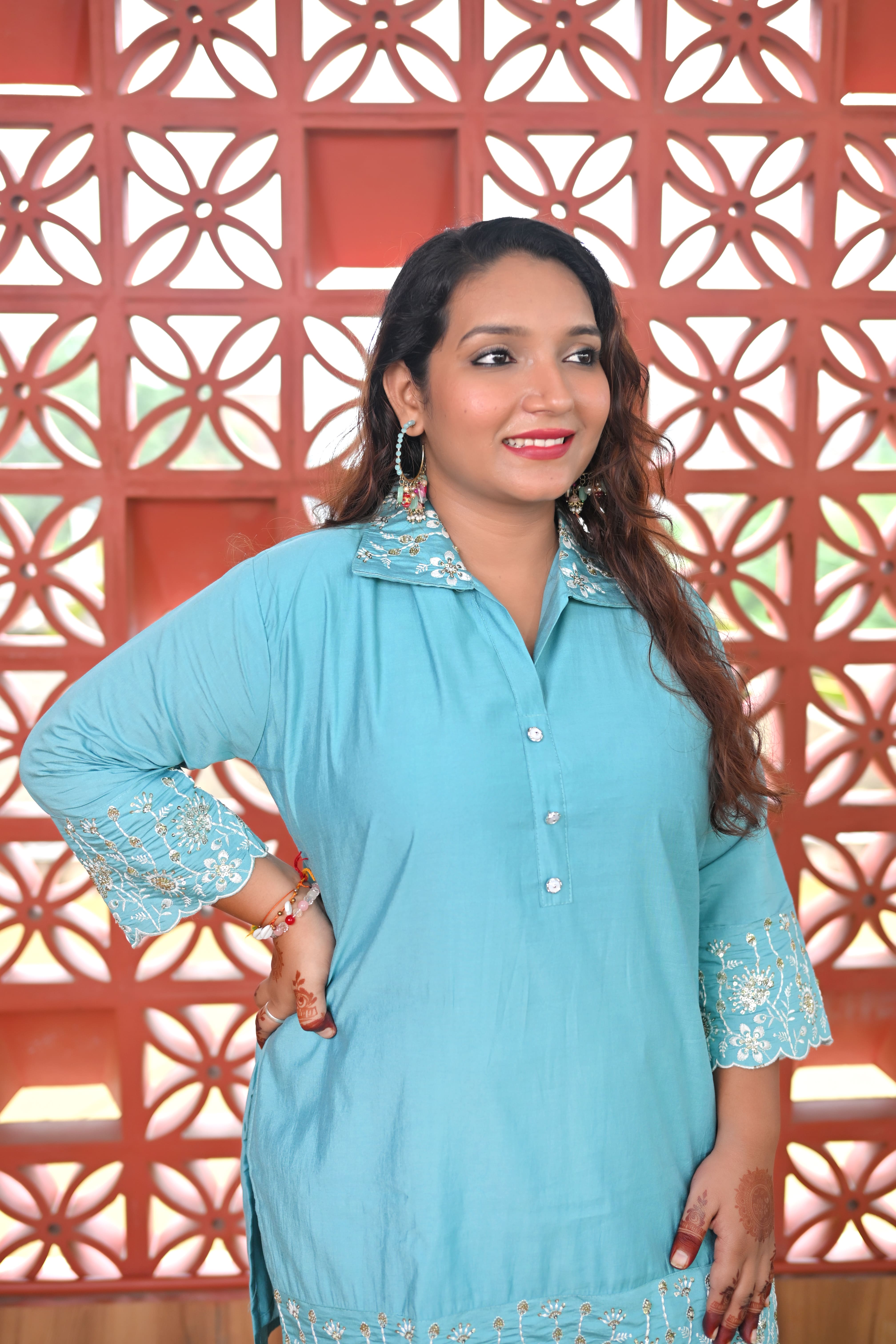 Aqua blue colour co-ord with beautiful work