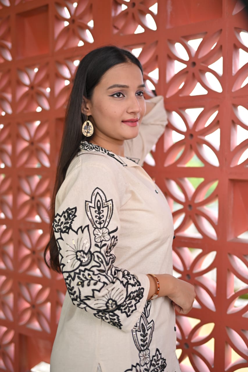 Off-White Khadi Co-ord Set with Black Embroidery