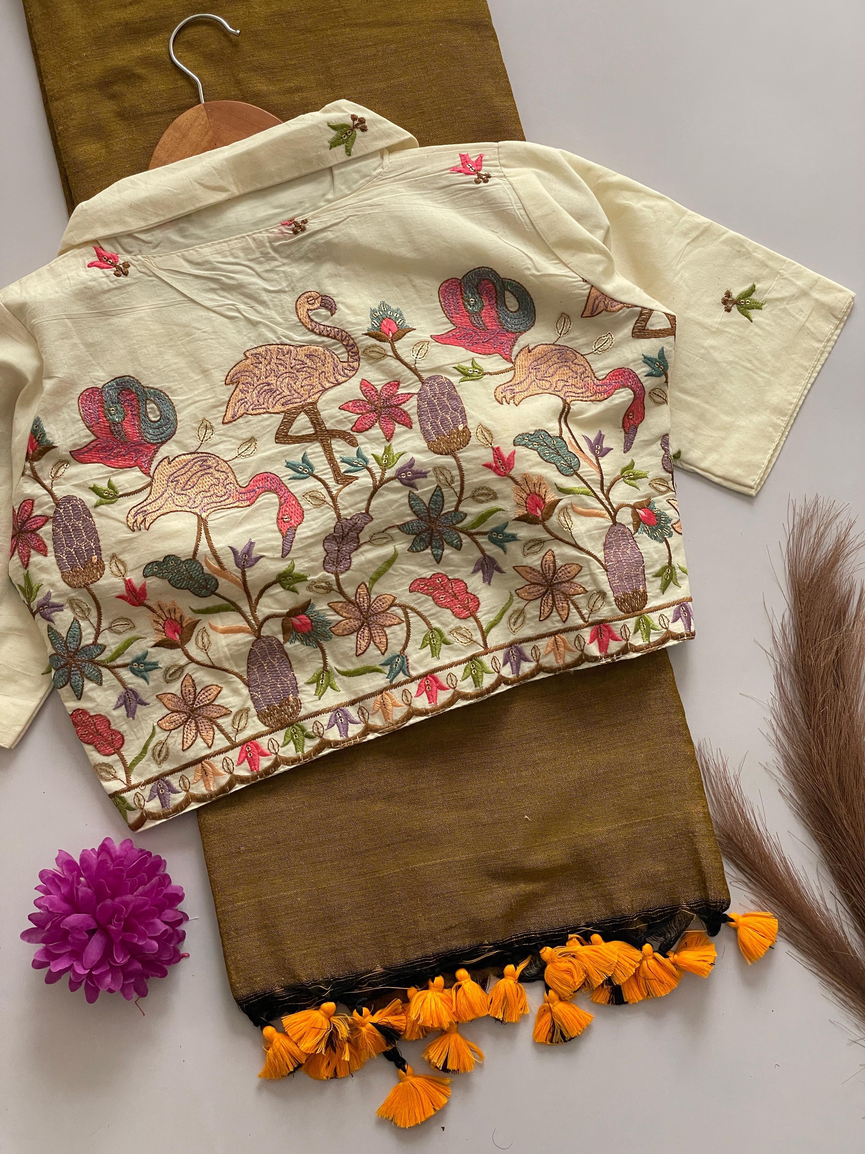 KHADI COTTON COLLAR NECK BLOUSE WITH KHADI COTTON SAREE