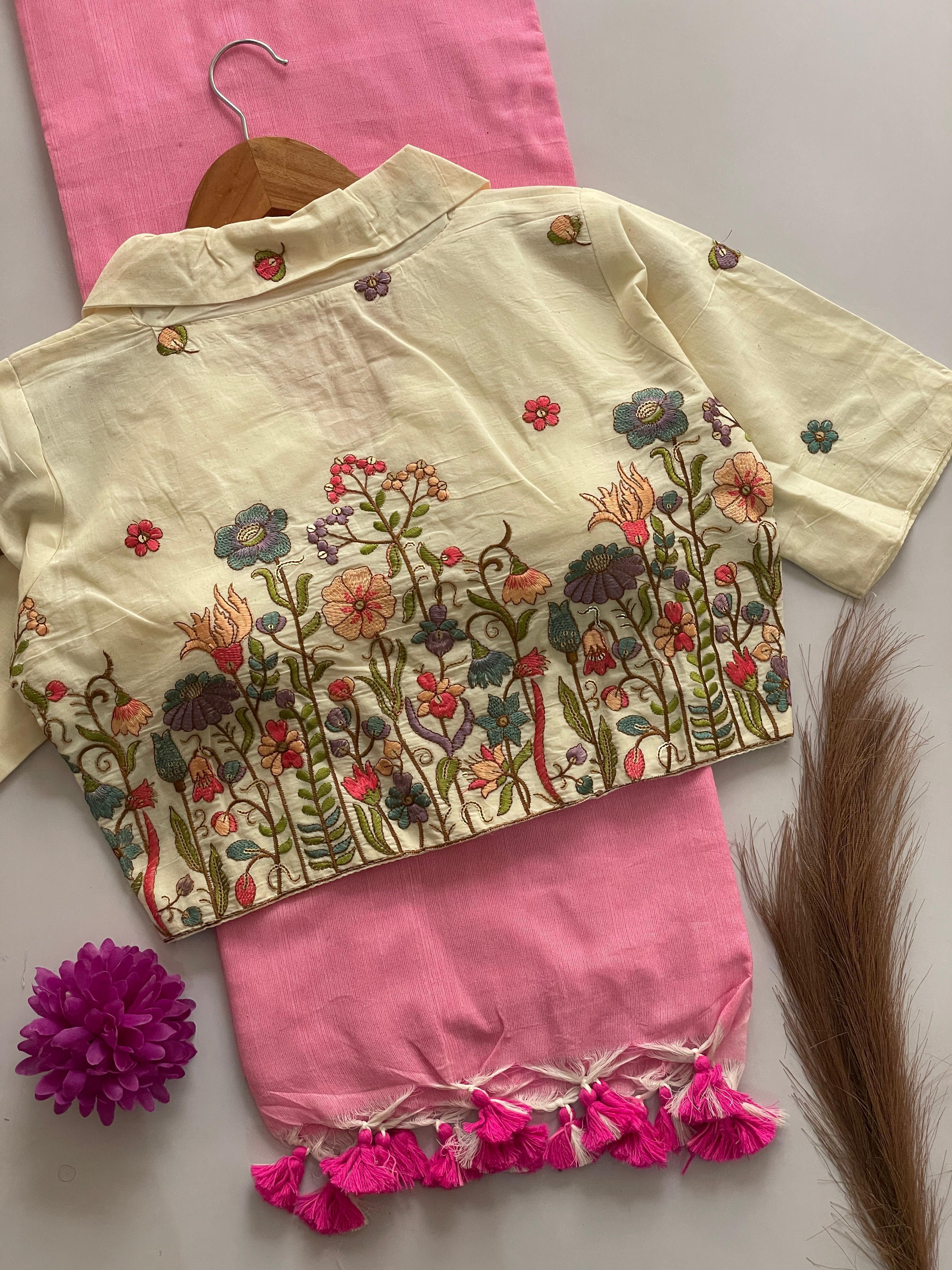 KHADI COTTON COLLAR NECK BLOUSE WITH KHADI COTTON SAREE