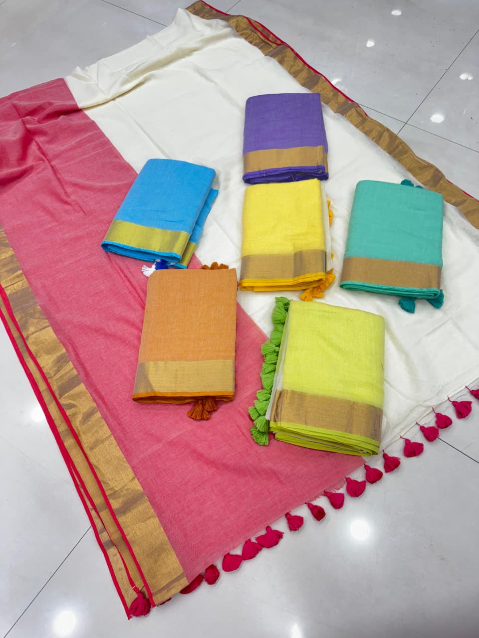 Half & Half South Mul Cotton Saree with Beautiful Pom pom