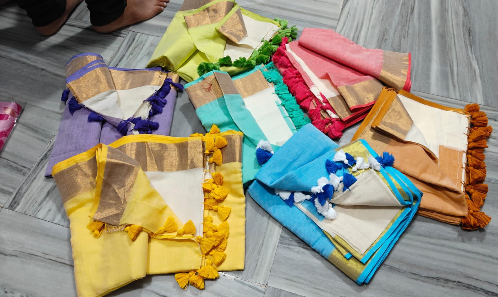 Half & Half South Mul Cotton Saree with Beautiful Pom pom