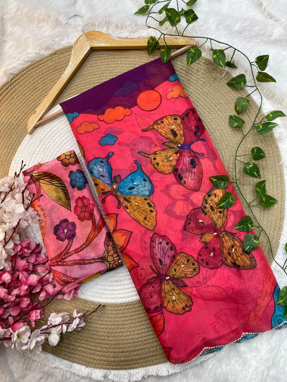 Elegant Teby silk fabric with beautiful butterfly digital print with cutdana moti