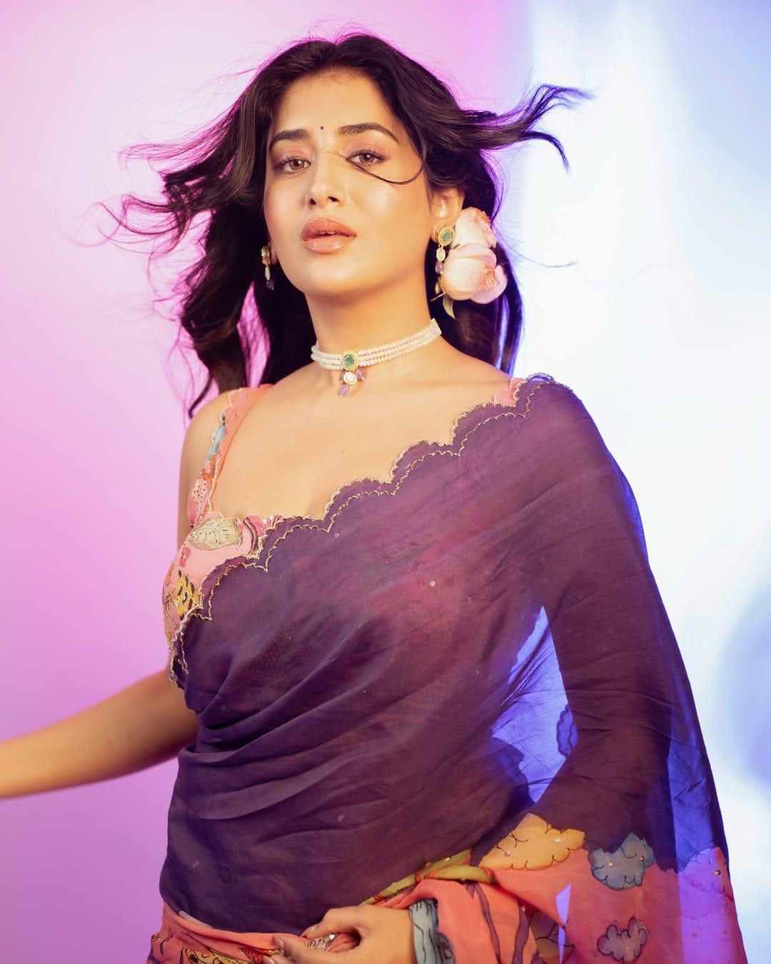 Elegant Teby silk fabric with beautiful butterfly digital print with cutdana moti