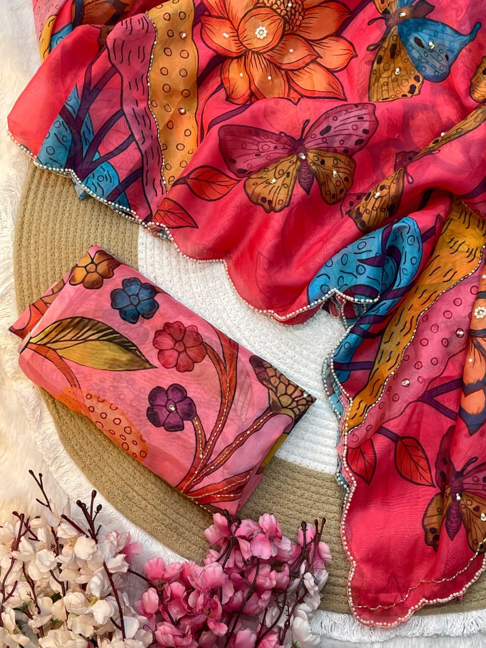 Elegant Teby silk fabric with beautiful butterfly digital print with cutdana moti